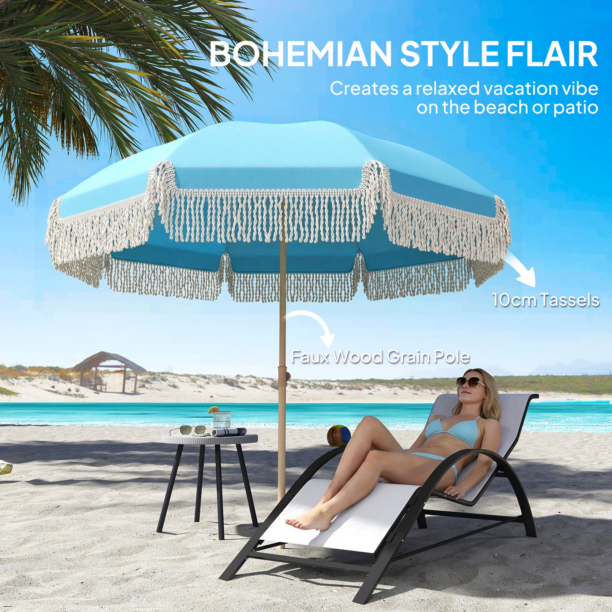 Outsunny 1.7 m Beach Umbrella with Sand Anchor, 30° Tilting Fringed Beach Garden Parasol with Adjustable Height, Grey 