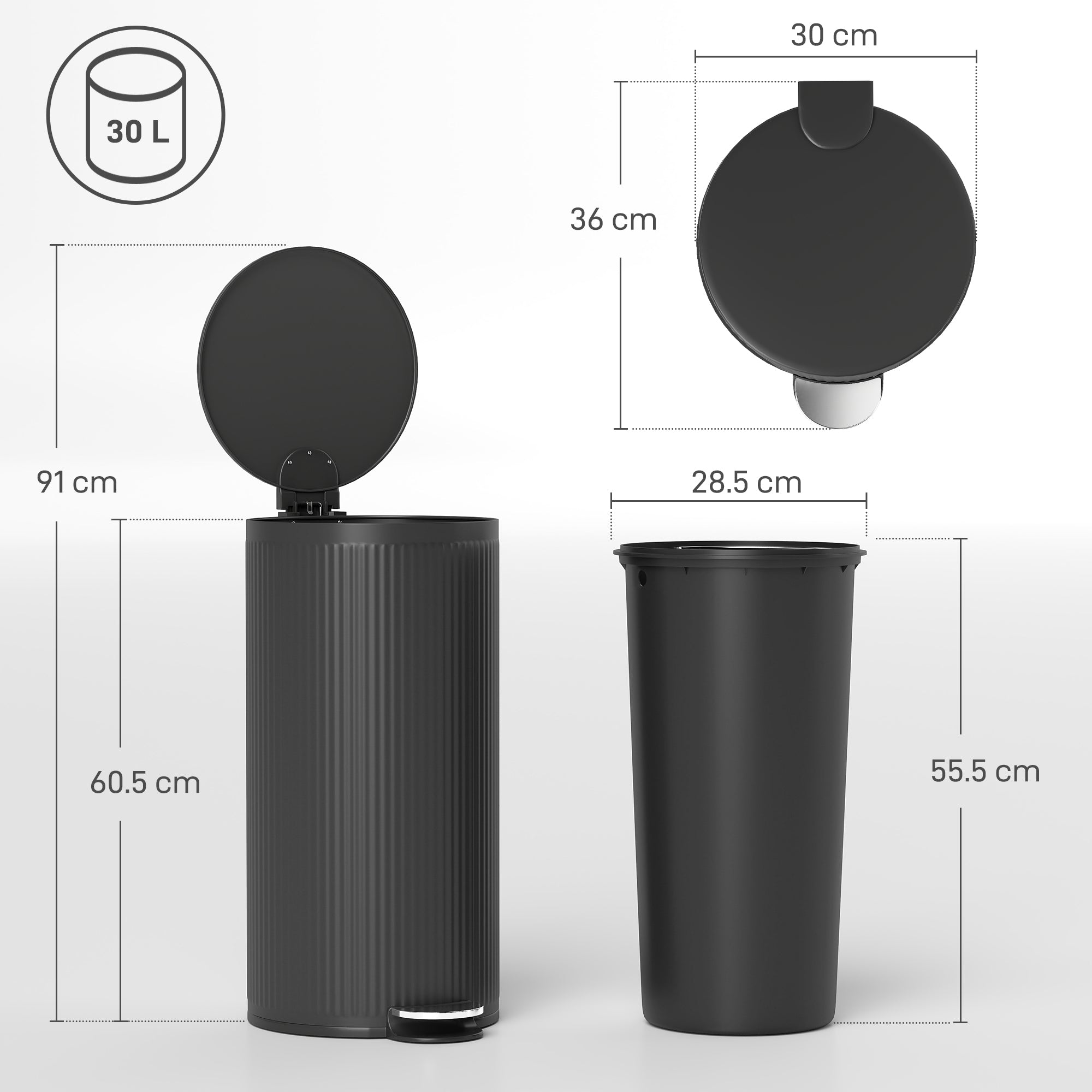 HOMCOM 30 Litre Pedal Kitchen Bin with Soft Close and Stay Open Lid, Rubbish Bin with Removable Inner Bucket for Kitchen, Office, Home, Black 
