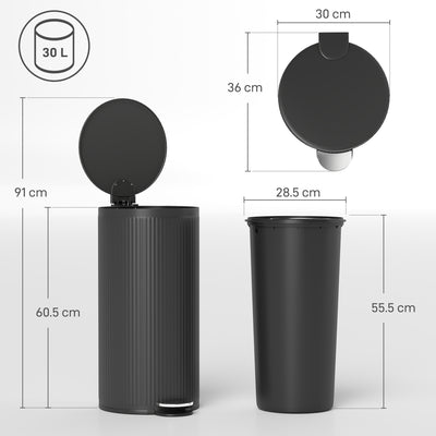 HOMCOM 30 Litre Pedal Kitchen Bin with Soft Close and Stay Open Lid, Rubbish Bin with Removable Inner Bucket for Kitchen, Office, Home, Black 