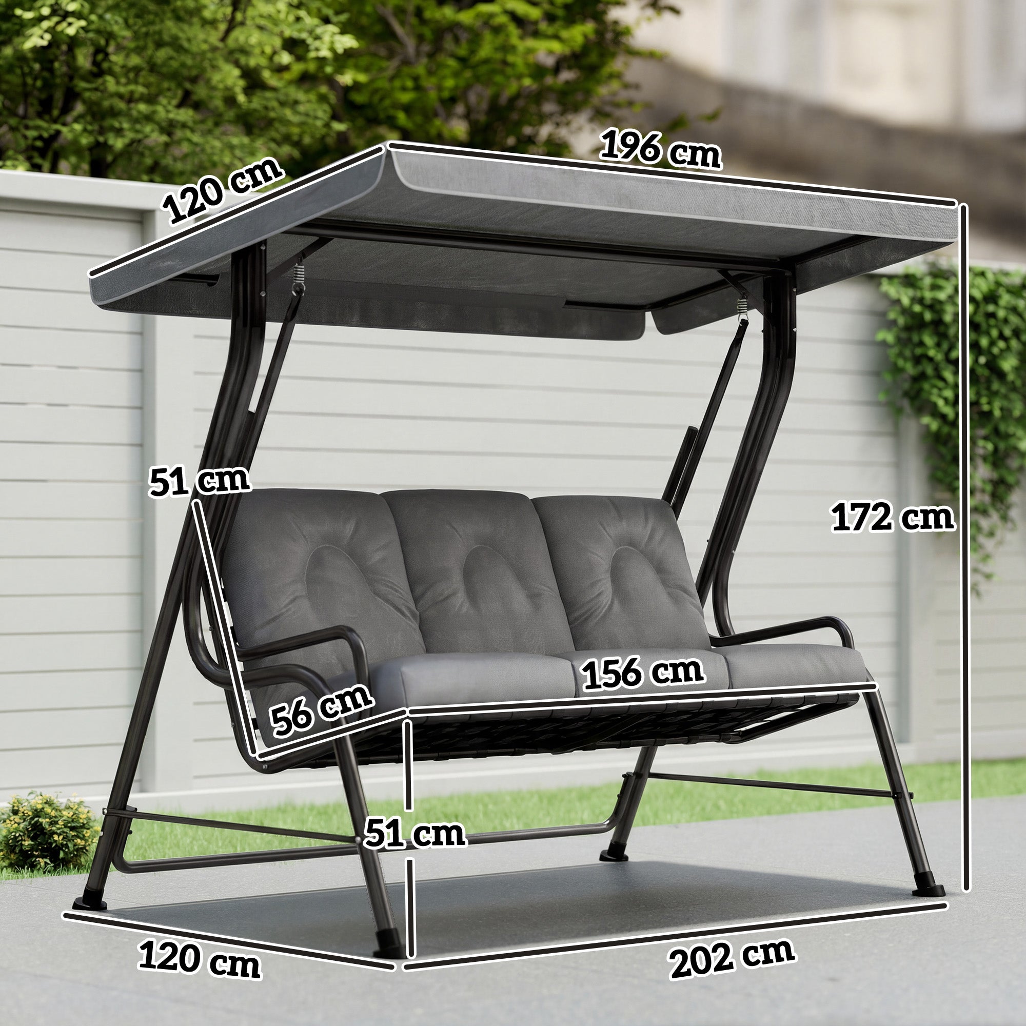 Outsunny 3-Seater Garden Swing Seat, Outdoor Swing Chair with Adjustable Waterproof Canopy, Light Grey 