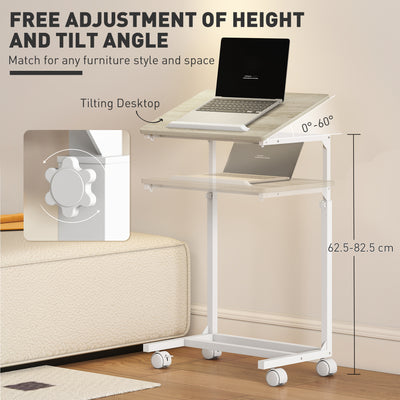 HOMCOM C-Shaped Sofa Side Table, Height Adjustable Overbed Table with Tilting Desktop, Mobile Laptop Desk for Living Room Bedroom, Oak and White 