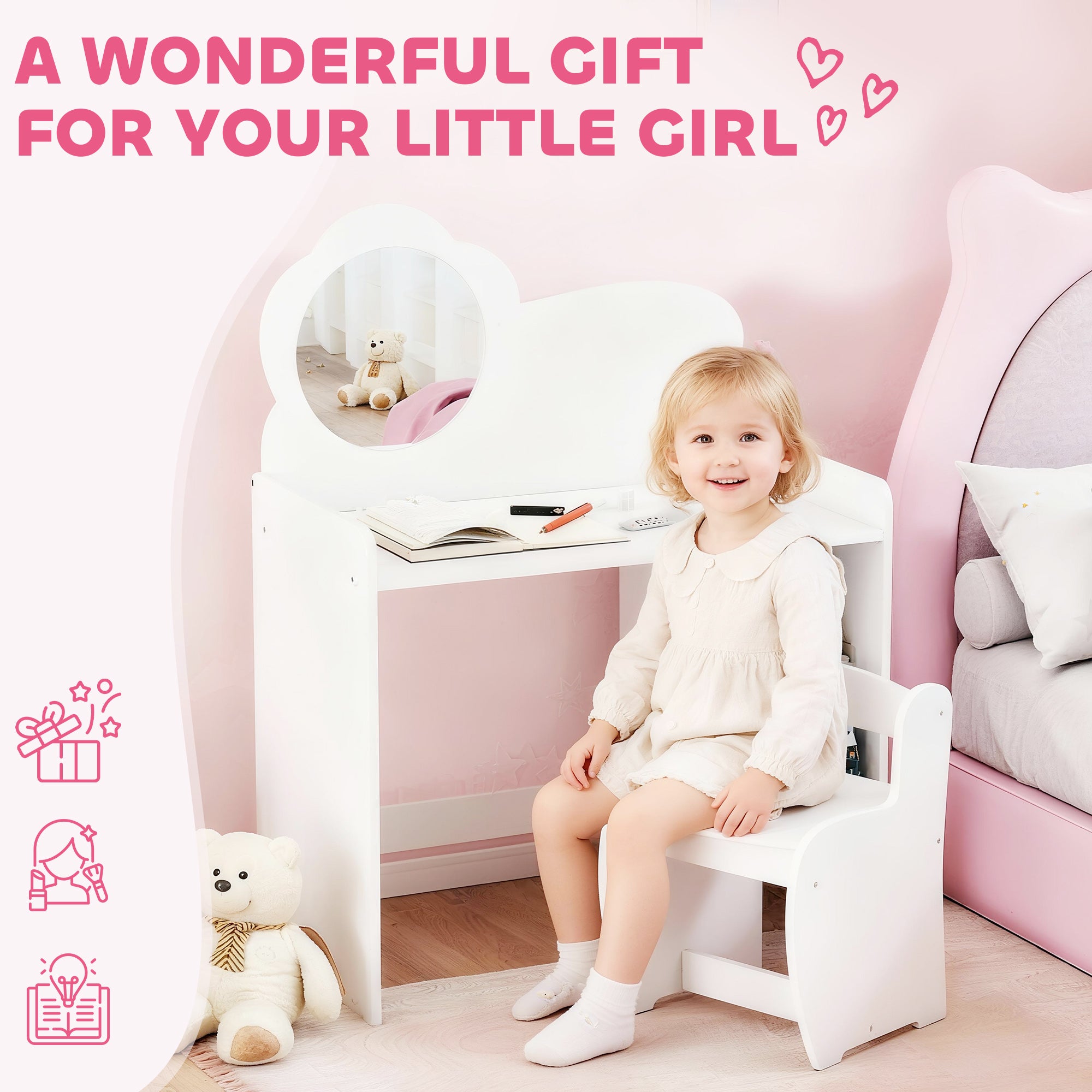 AIYAPLAY Kids Dressing Table with Mirror, Stool, Kids Vanity Table with Shelves, for Ages 3-8 Years, White 