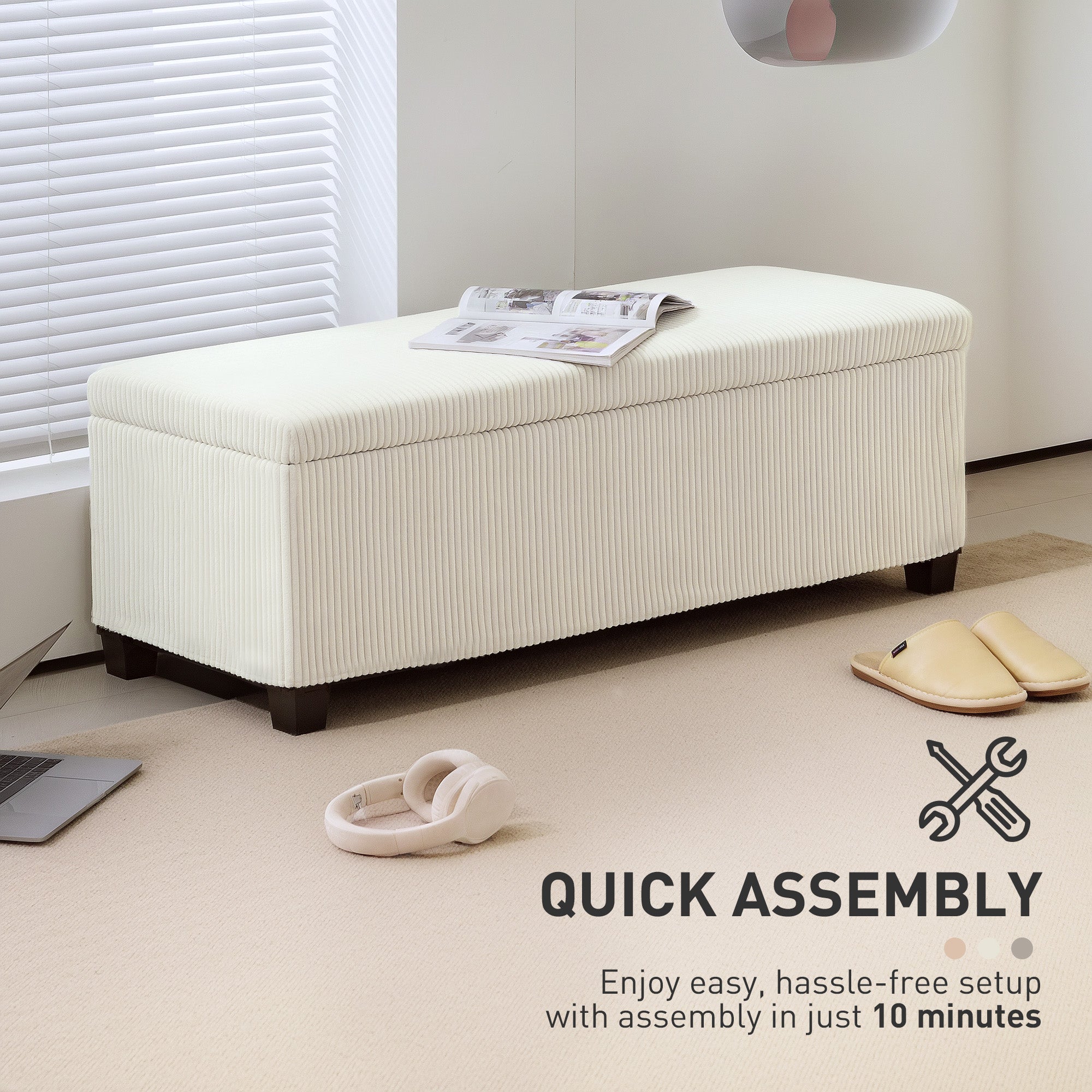 HOMCOM Storage Ottoman Bench, Corduroy Footstool with Removable Lid and Legs, 112cm Storage Chest Box for Living Room, Bedroom, Hallway, Beige 