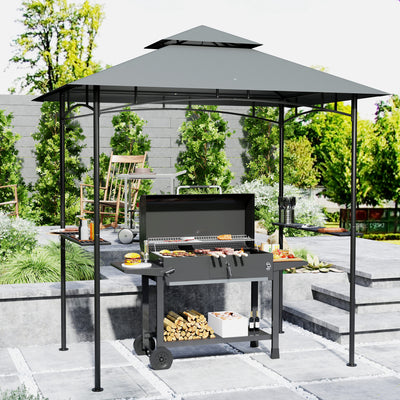 Outsunny 8' x 5' Grill Gazebo, Double Tiered BBQ Gazebo Shelter Canopy with LED Lights, 2 Side Shelves, Hooks, Dark Grey 