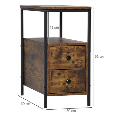 HOMCOM Side Table, Narrow Bedside Table with 2 Drawers and Storage Shelf, Industrial End Table with Metal Frame for Small Spaces, Rustic Brown 