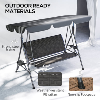 Outsunny 3 Seater Swing Chair, Garden Swing Seat Bench with Adjustable Canopy, Rattan Seat and Steel Frame for Patio, Yard, Grey 