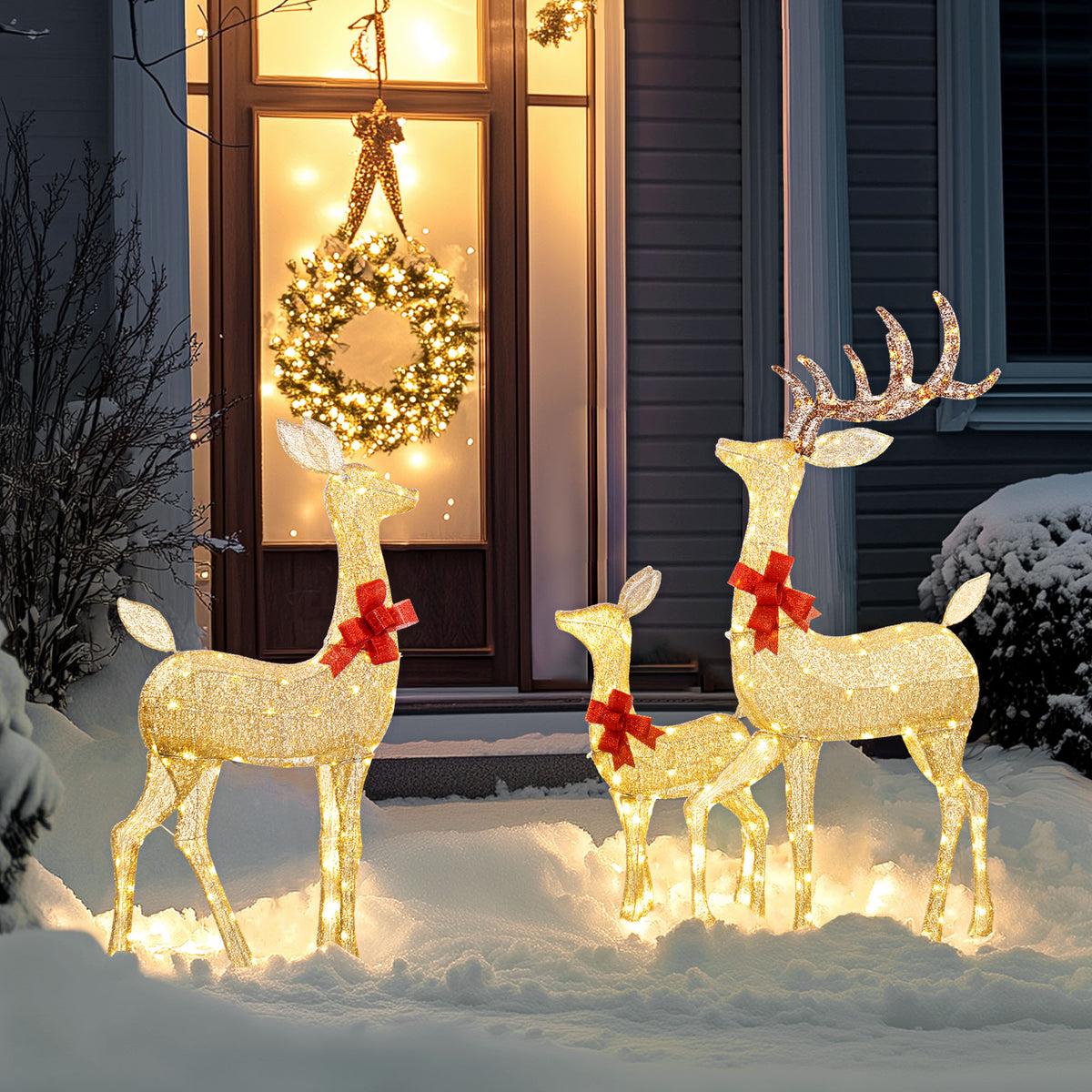 Outsunny Lighted Reindeer Christmas Decorations Outdoor, 3-Piece Light Up Deer Family Set of 3 with 283 LED Lights for Indoor, Lawn, Garden, Gold Tone 