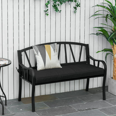 Outsunny 2-Seater Garden Bench with Cushion, Metal Loveseat, Slatted Outdoor Park Chair with Decorative Backrest and Armrest, Black 