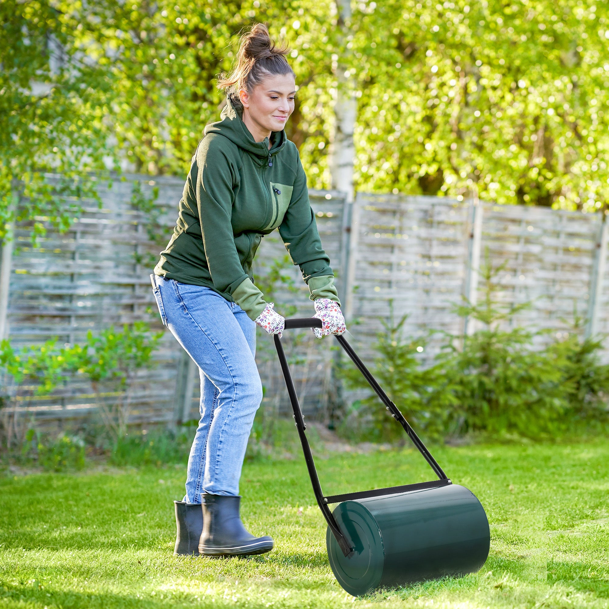 Outsunny 30 L Heavy Duty Water Or Sand Filled Φ30cm Garden Steel Lawn Roller Drum - Dark Green 