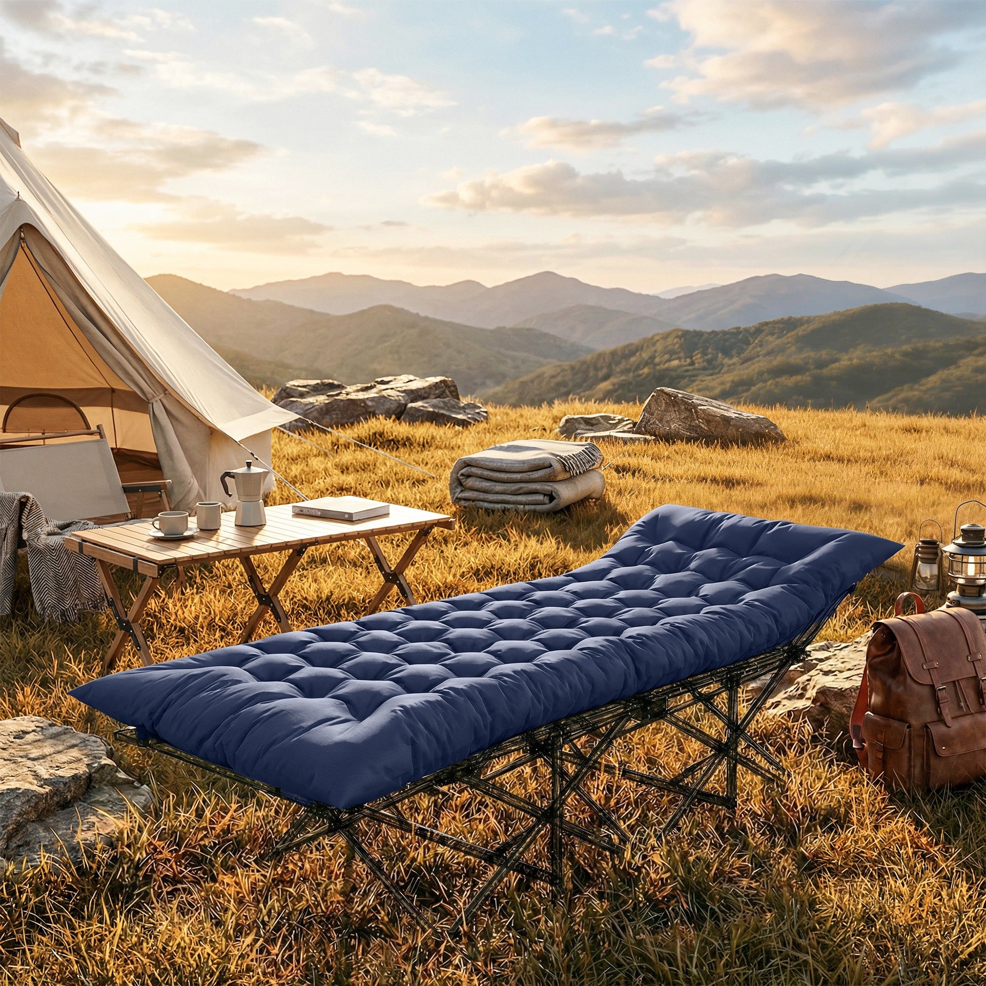 Outsunny Sleeping Mat, Foldable Camping Mattress Pad with Four Corner Elastic Straps, Dark Blue 