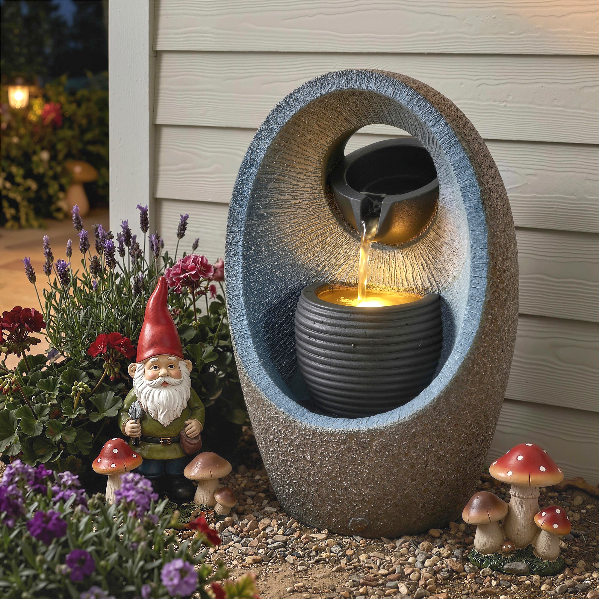 Outsunny Water Feature with 2-Tier Bowls, Garden Water Fountain with Pump and LED Lights, Resin Cascading Waterfall 