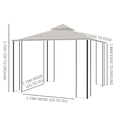 Outsunny 3 x 3(m) Garden Gazebo Patio Party Tent Shelter Outdoor Canopy Double Tier Sun Shade Metal Frame Netting, Beige 