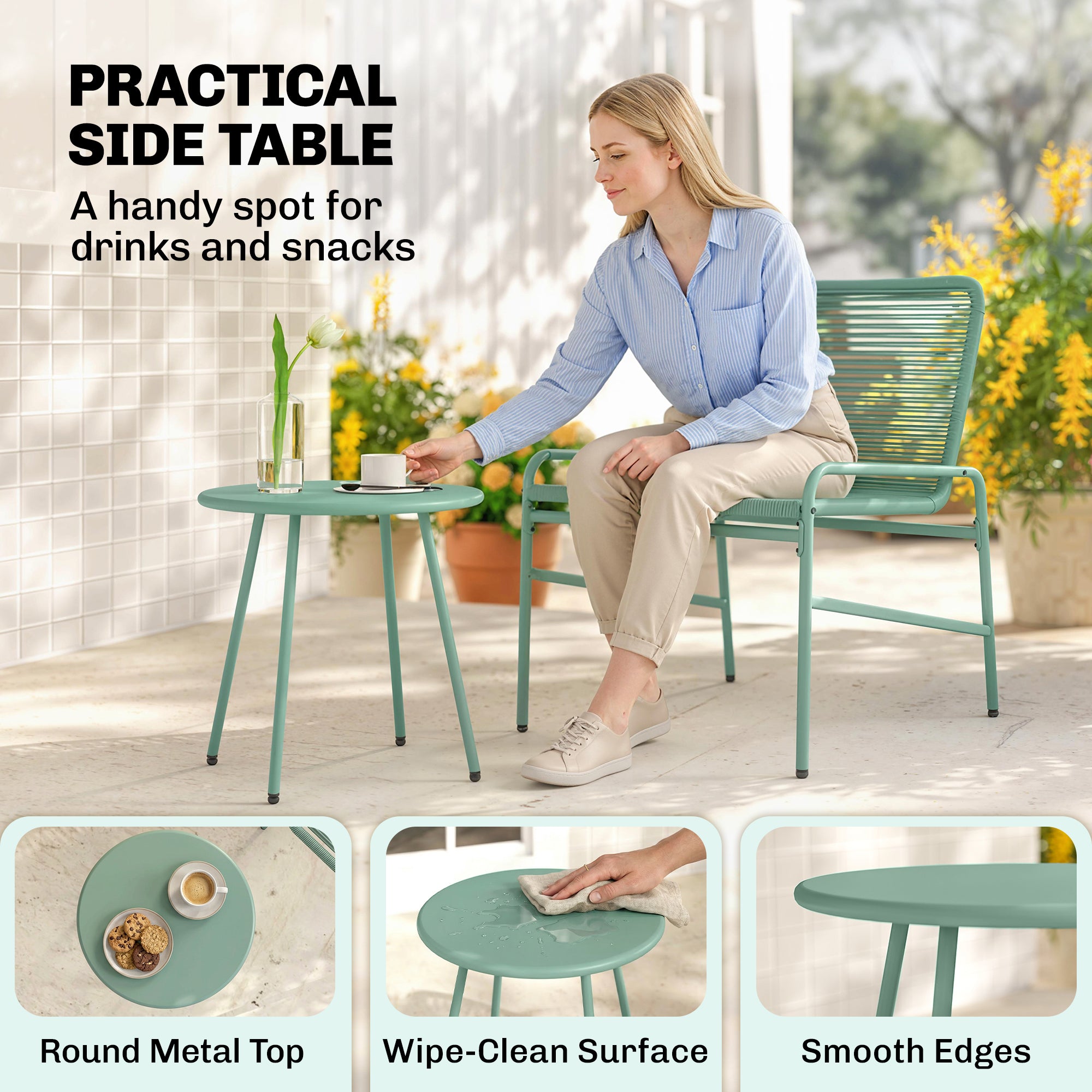 Outsunny 3 Piece Rattan Bistro Set, Outdoor Garden Furniture Set with 2 Chairs, Round Coffee Table for Patio, Balcony, Green 