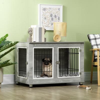 PawHut Dog Crate Furniture, Side End Table, Indoor Dog Kennel with Soft Washable Cushion, Wire Mesh, Large Top, for Medium and Large Dogs,90 x 58 x 65, Grey 