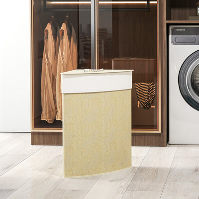 HOMCOM Bamboo Laundry Basket with Lid, 55L Corner Laundry Hamper with Removable Washable Liner Bag, Bathroom Triangle Washing Basket, 35 x 35 x 60 cm, Nature Wood Finish 