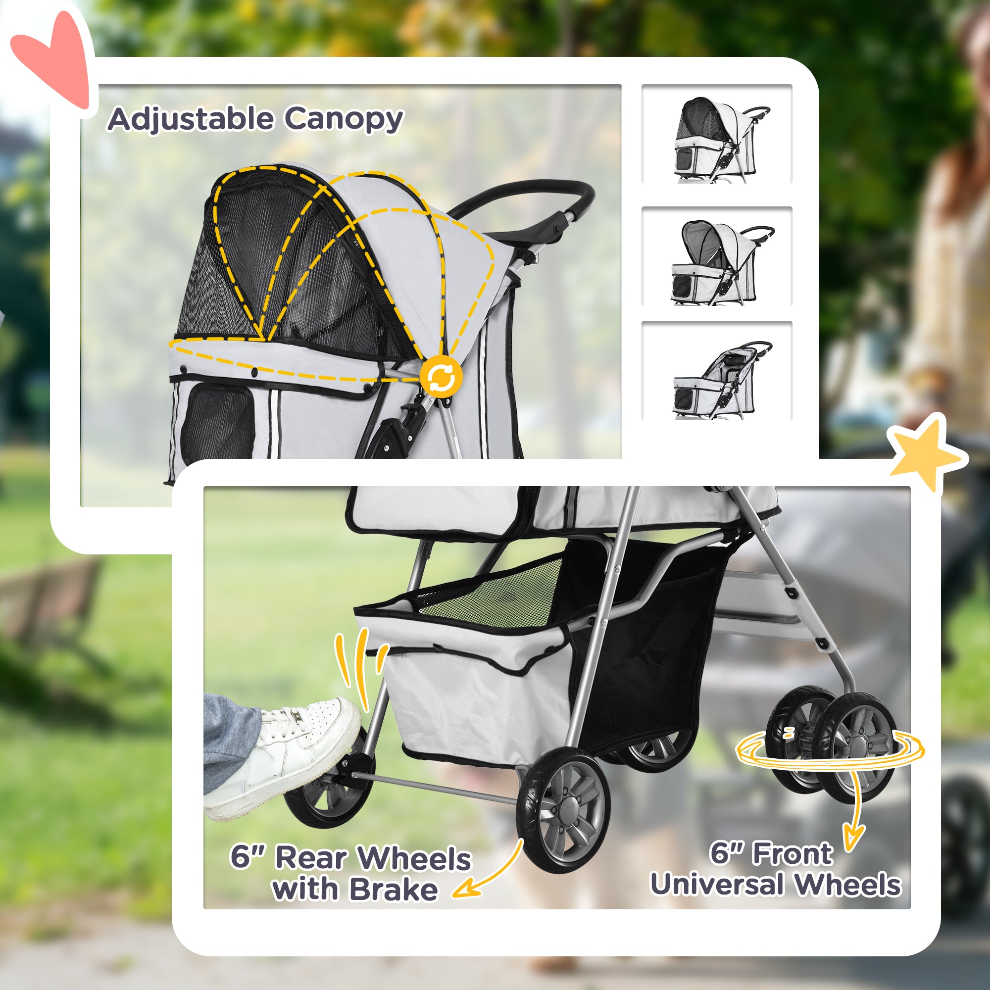 PawHut Pet Stroller for Small Miniature Dogs Cats Foldable Travel Carriage with Wheels Zipper Entry Cup Holder Storage Basket Grey 