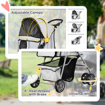 PawHut Pet Stroller for Small Miniature Dogs Cats Foldable Travel Carriage with Wheels Zipper Entry Cup Holder Storage Basket Grey 