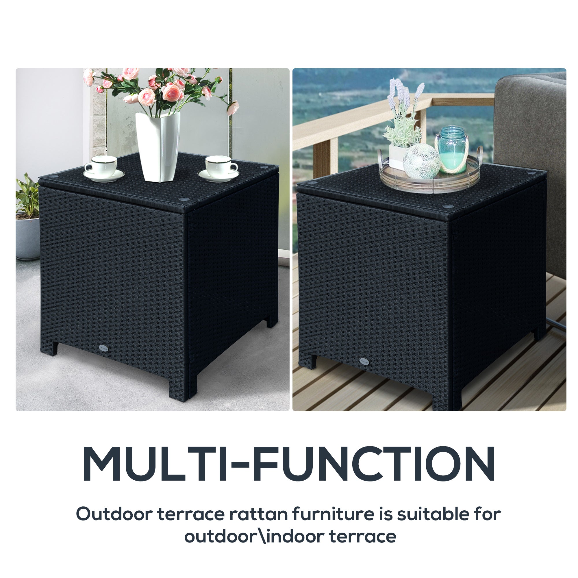 Outsunny PE Wicker Side Table Rattan Garden Furniture with Four Foot Pads, Rust & Mild Weather Damage Resistant, Black 