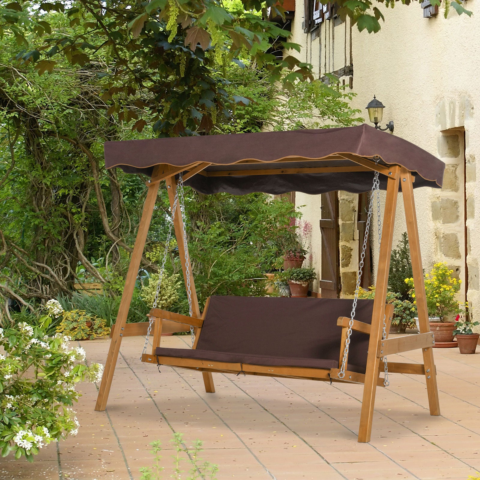 Outsunny 3 Seater Garden Swing Seat Outdoor Swing Chair with Adjustable Canopy, Wooden Hammock Bench with  Padded Cushions for Patio Yard, Brown 