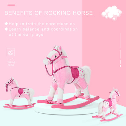 HOMCOM Baby Rocking Horse Plush Ride on Animals Rocker with Sound Handle Grip for Kids 3-6 Years - Pink 