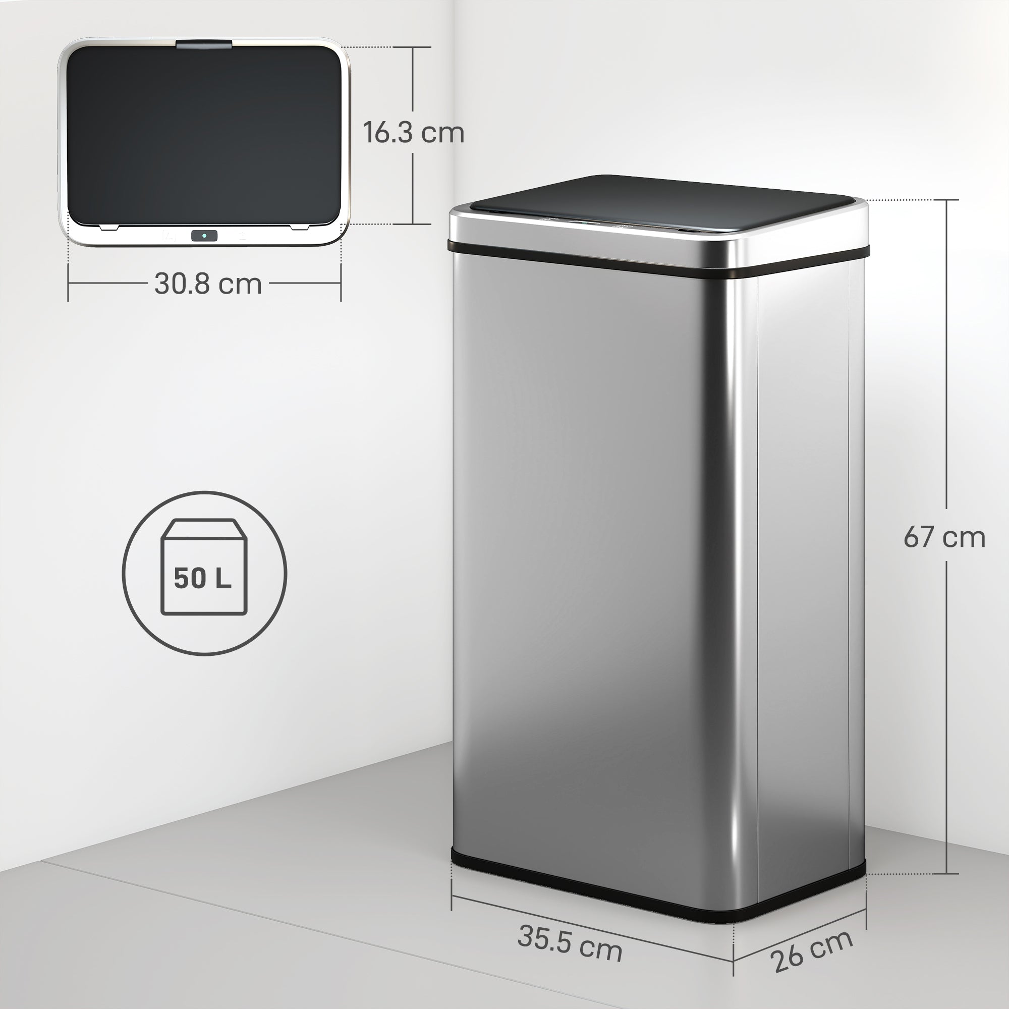 HOMCOM 50L Sensor Bin with Quiet Soft-Close Lid, Automatic Touchless Motion Sensor Kitchen Bin with Fingerprint Resistant Stainless Steel for Hygienic Gyms, Home Office Use, Silver Tone 