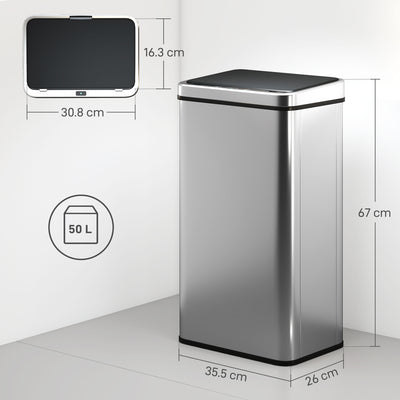 HOMCOM 50L Sensor Bin with Quiet Soft-Close Lid, Automatic Touchless Motion Sensor Kitchen Bin with Fingerprint Resistant Stainless Steel for Hygienic Gyms, Home Office Use, Silver Tone 