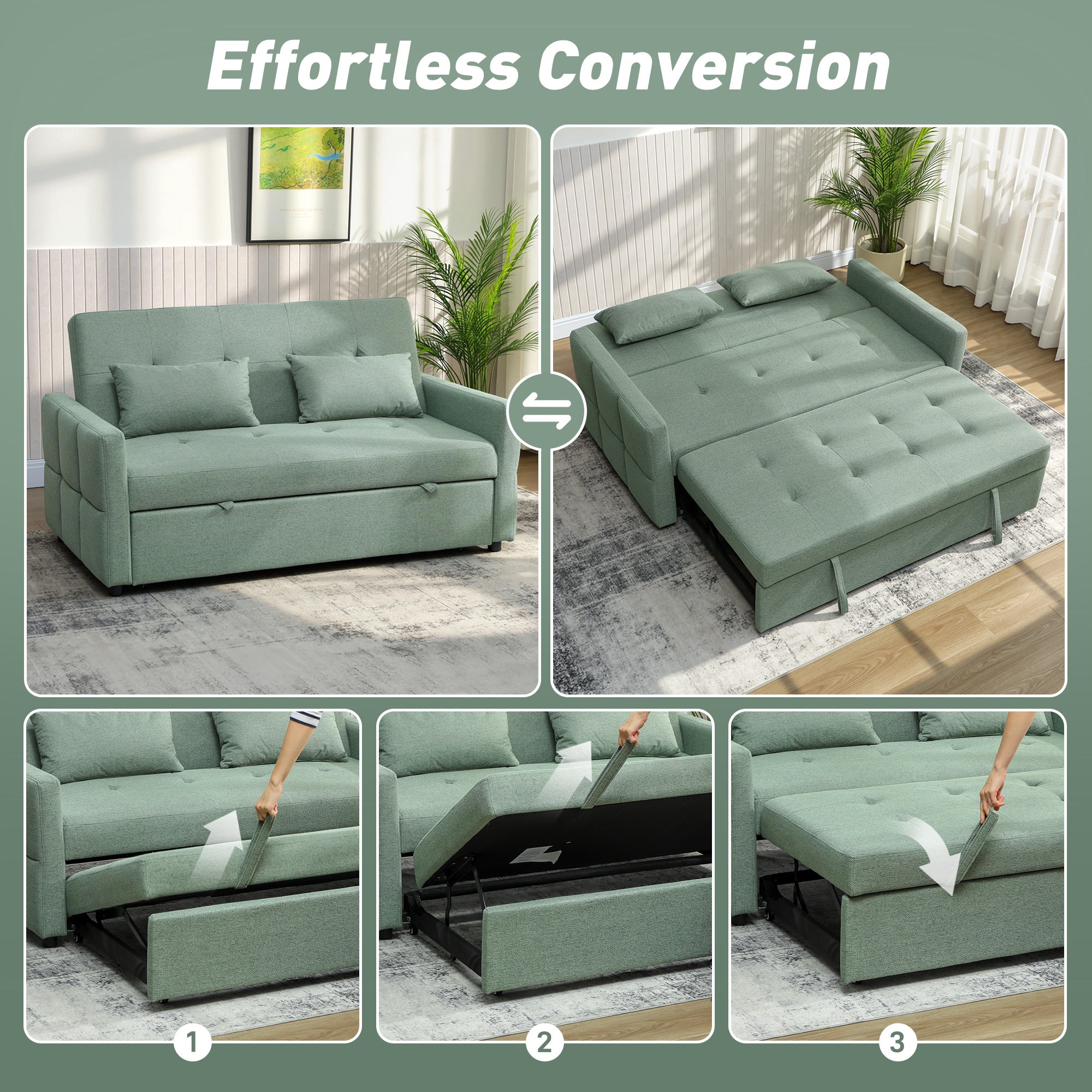 HOMCOM Three-Way 2 Seater Sofa Bed with Three-position back and Two Soft Pillows - Green 
