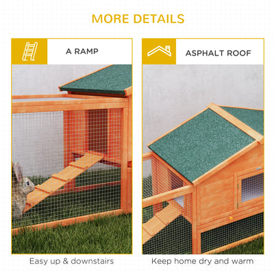 PawHut Wooden Rabbit Hutch with Run, Tray, Ramps, Asphalt Roof, 309 x 70 x 87cm, Orange 