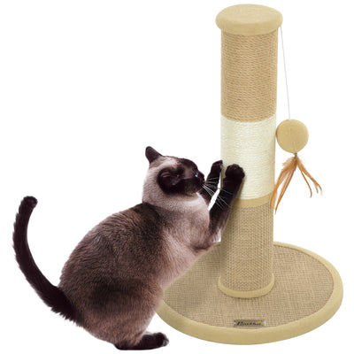 PawHut Cat Scratching Post for Indoor Cats, 47cm Tall Cat Scratcher with Jute Sisal Rope, Hanging Toy Ball, Feather, Brown 