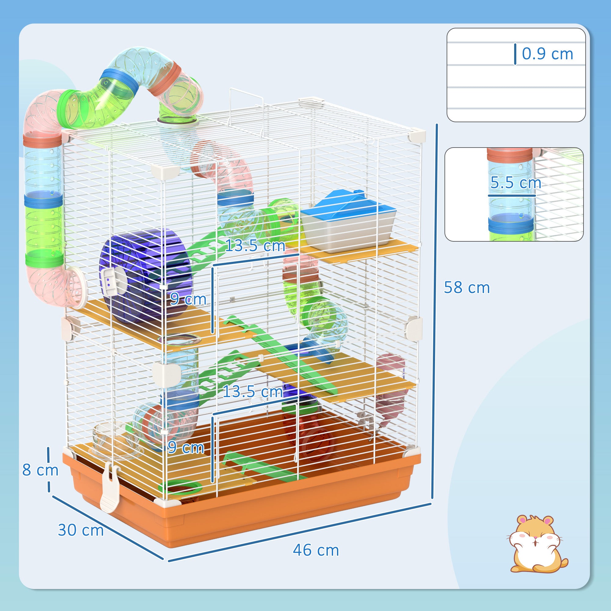 PawHut 5 Tier Hamster Cage Carrier Habitat w/ Exercise Wheels, Tunnel, Orange 