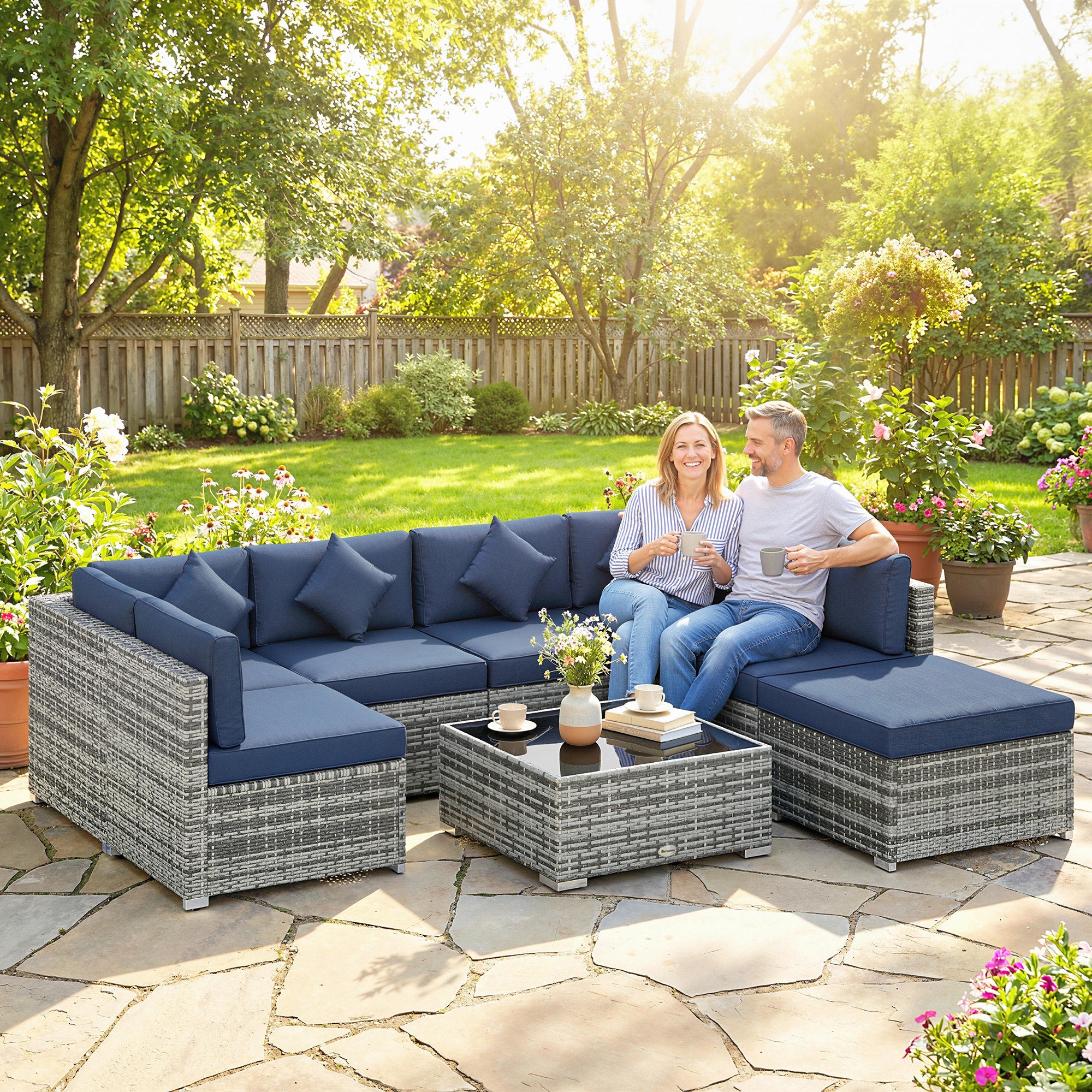 Outsunny 8 Pieces PE Rattan Corner Sofa Set, Outdoor Garden Furniture Set, Patio Wicker Sofa Seater w/ Cushion, Dark Blue 