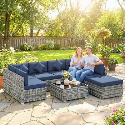 Outsunny 8 Pieces PE Rattan Corner Sofa Set, Outdoor Garden Furniture Set, Patio Wicker Sofa Seater w/ Cushion, Dark Blue 