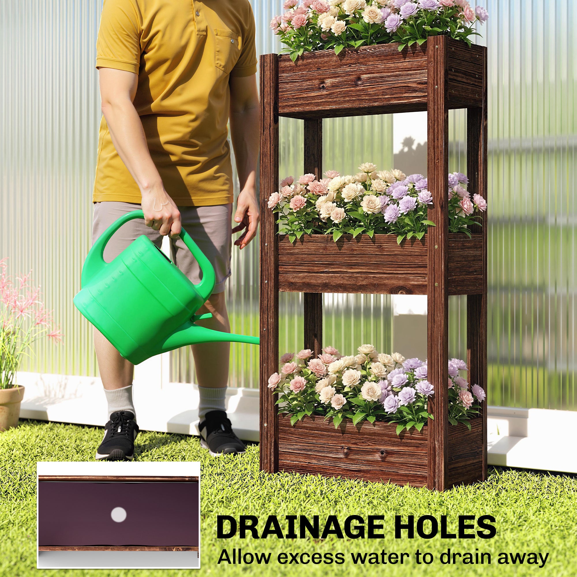 Outsunny 3-Tier Wooden Raised Planter, Raised Garden Bed on Legs with Drainage Holes and Bed Liner, Elevated Garden Planter 