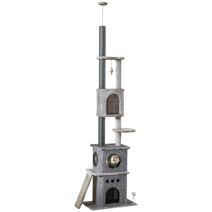 PawHut 255cm Floor To Ceiling Cat Tree for Indoor Cats Climber Scratching Post Adjustable Height Play Tower Removable Cover Grey 