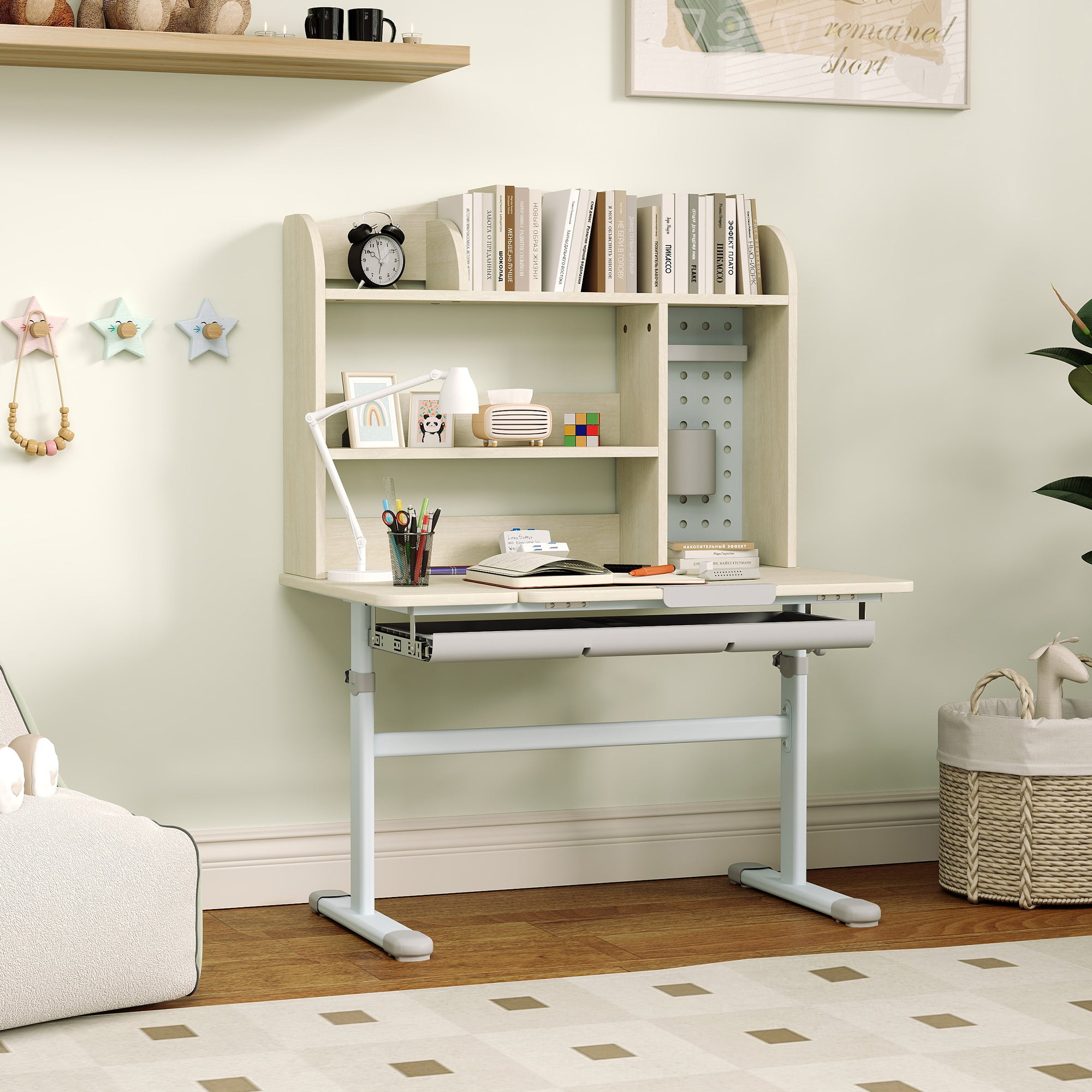 AIYAPLAY Kids Desk Height Adjustable with Tilt-Desktop, Hutch, Drawer, Storage Shelf, Pegboard, for 3-12 Years Old, Natural 