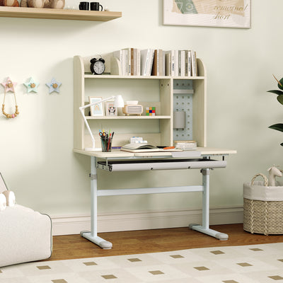 AIYAPLAY Kids Desk Height Adjustable with Tilt-Desktop, Hutch, Drawer, Storage Shelf, Pegboard, for 3-12 Years Old, Natural 