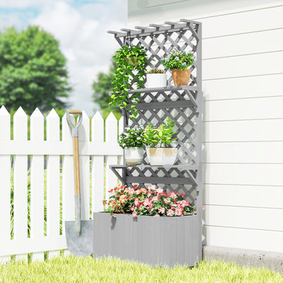Outsunny 52L Wooden Planter, with Trellis and Shelves - Grey 