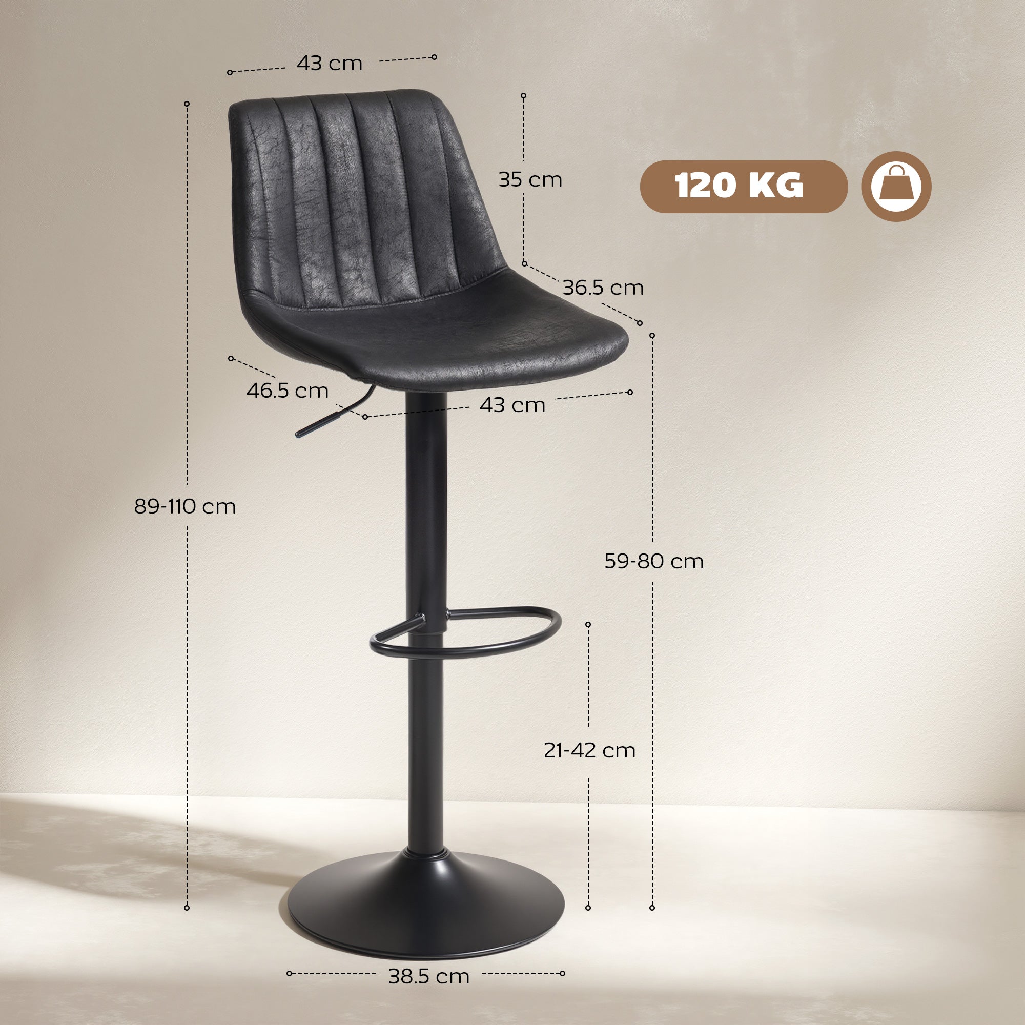 HOMCOM Set of 2 Leathaire Tub Bar Stools - Black 