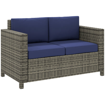 Outsunny 2 Seater Garden Furniture, Rattan Sofa with Soft Padded Cushion and Armrests, Wicker Garden Loveseat for Patio, Navy Blue 