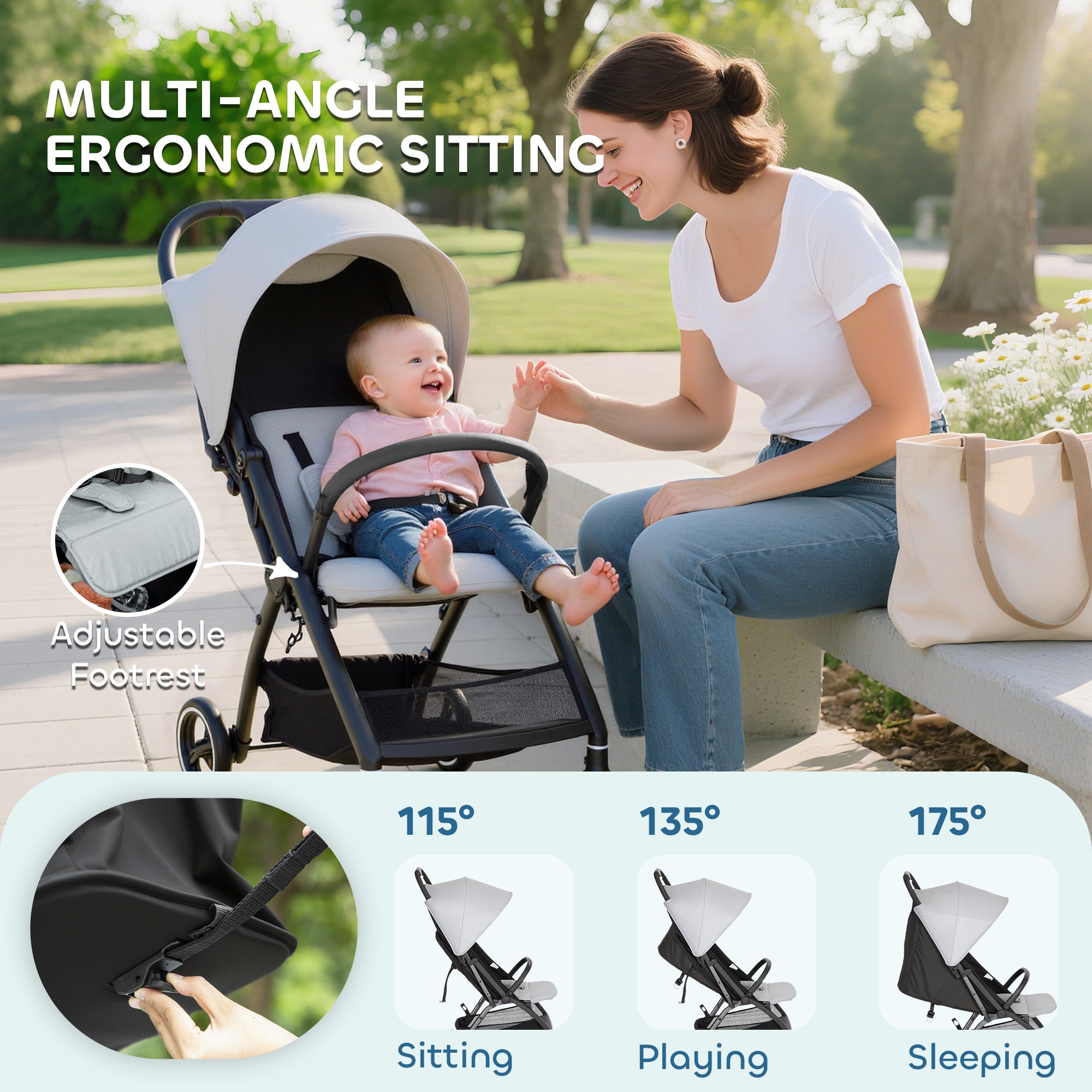 AIYAPLAY Travel Stroller, Lightweight Pushchair, Compact Buggy with Canopy, Basket and Multi-Position Recline, Light Grey