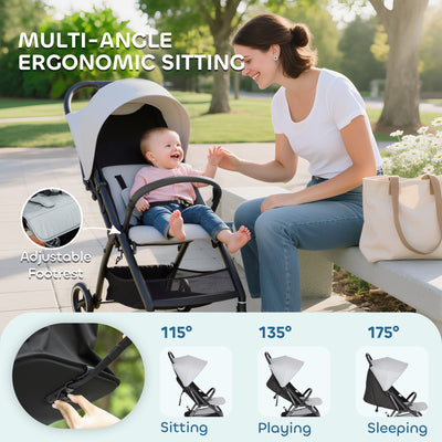 AIYAPLAY Travel Stroller, Lightweight Pushchair, Compact Buggy with Canopy, Basket and Multi-Position Recline, Light Grey 