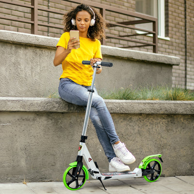 HOMCOM Folding Kick Scooter, Adjustable Ride On Scooter with 200mm Big Wheels and Double Shock Absorption, Urban Scooter for 14+ Teens Adult, Green 