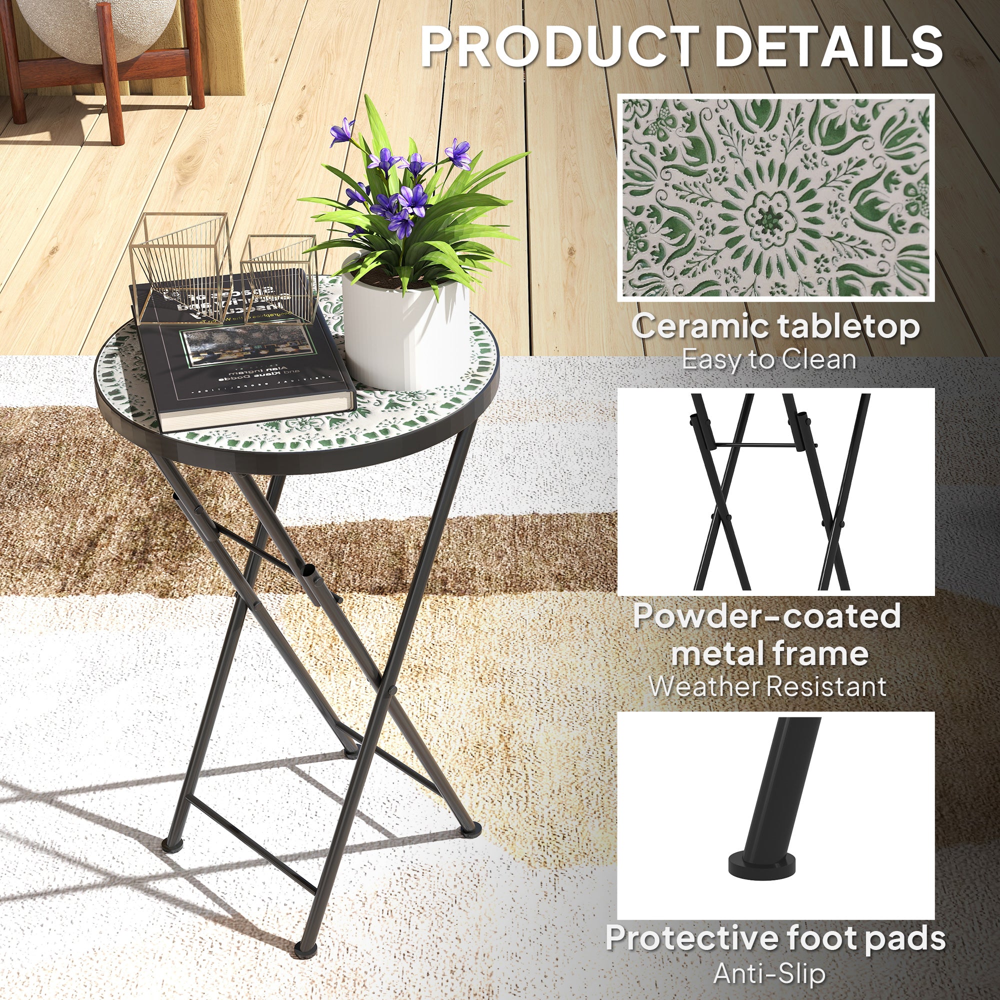 Outsunny Mosaic Outdoor Garden Table, 35.5cm Round Folding Coffee Table with Metal Frame for Balcony Terrace, Green 