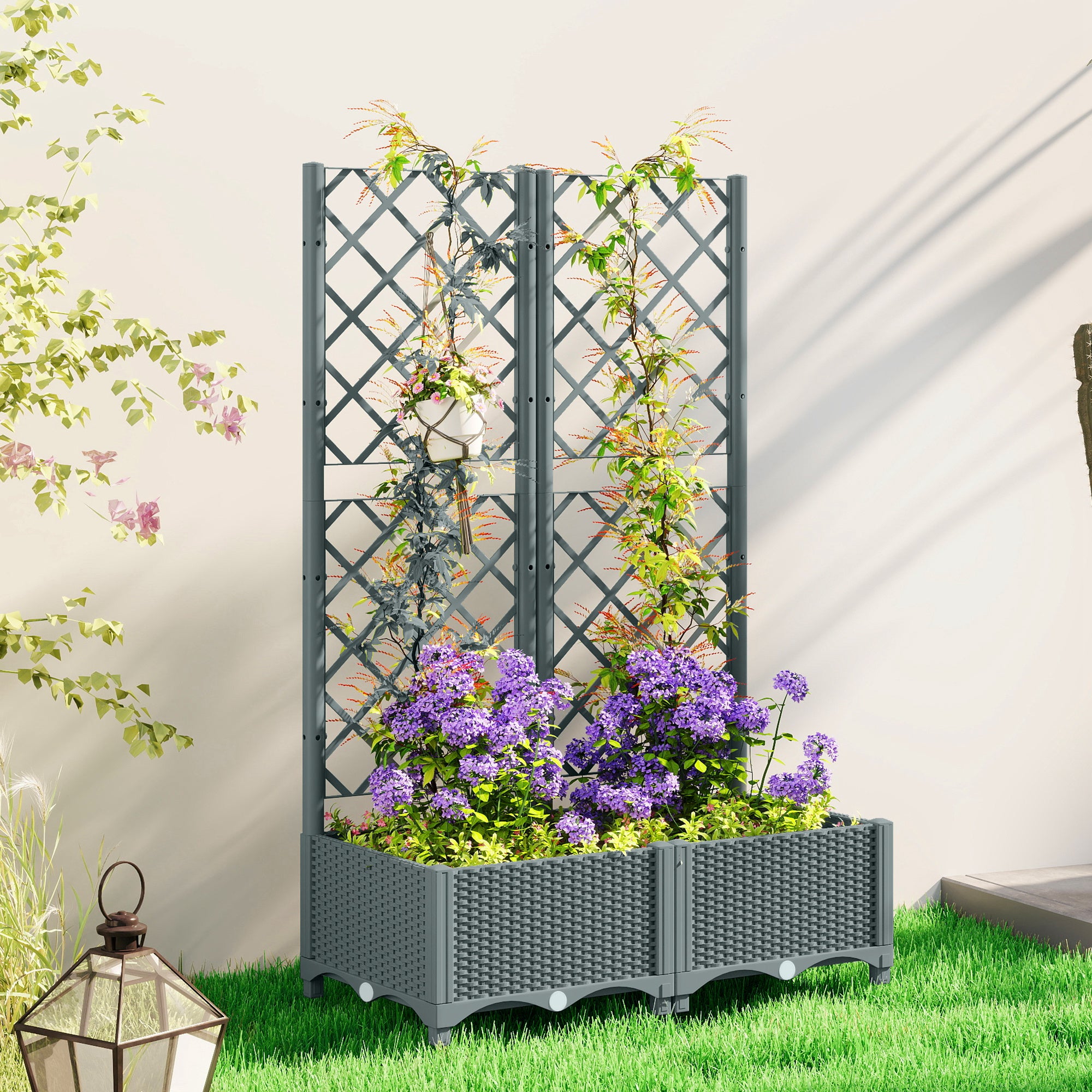Outsunny Raised Garden Bed with Trellis, Plastic Planter Box with Drainage Holes, Drain Plugs and Water Reservoirs for Climbing Plants, Vegetables, Flowers, Grey 