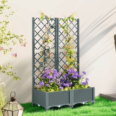 Outsunny Raised Garden Bed with Trellis, Plastic Planter Box with Drainage Holes, Drain Plugs and Water Reservoirs for Climbing Plants, Vegetables, Flowers, Grey 