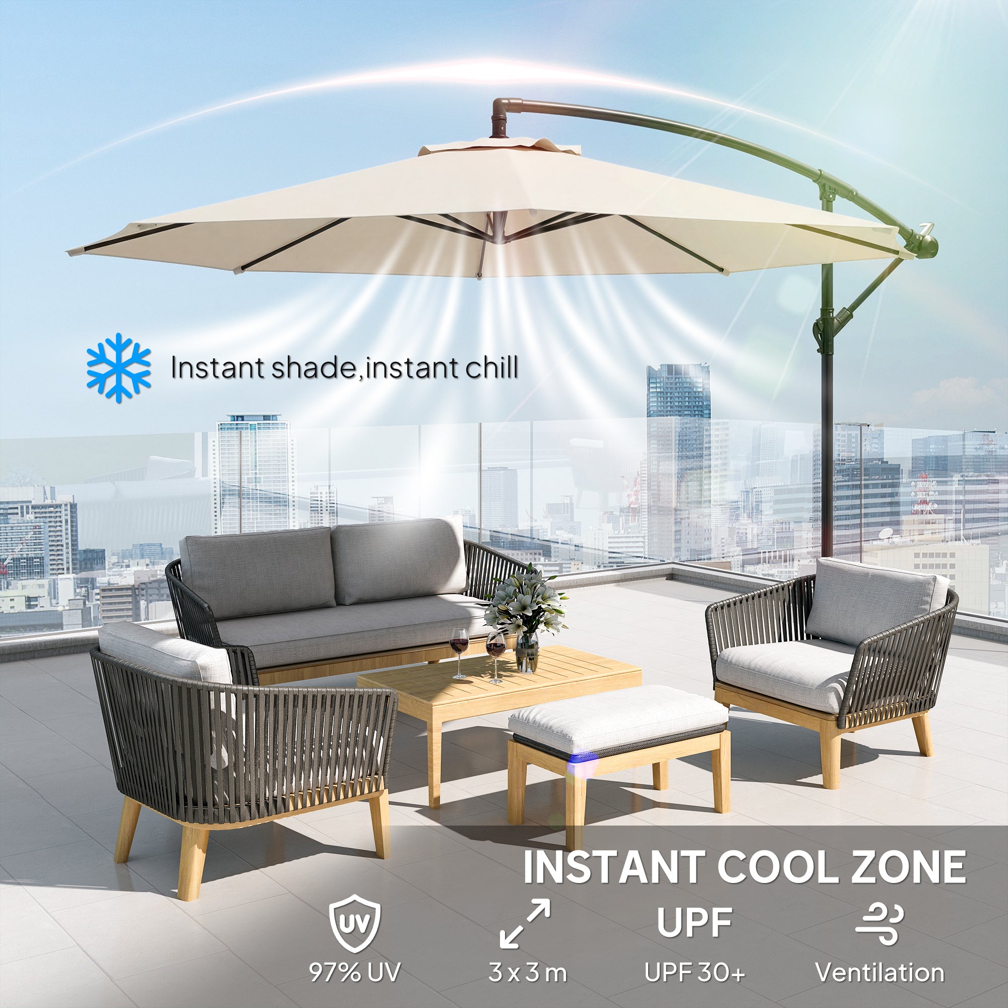 Outsunny 3 m Overhanging Cantilever Parasol, with Cross Base - Cream White 