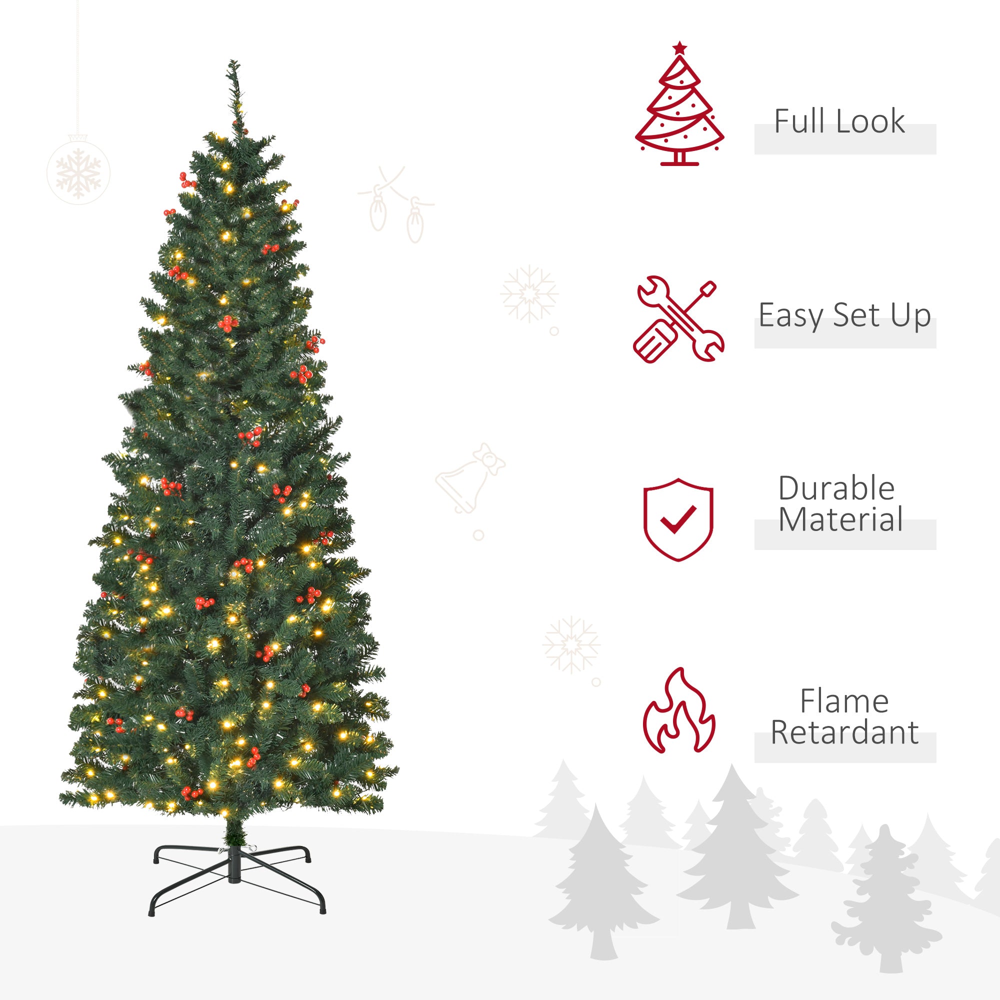 HOMCOM 6FT Prelit Artificial Pencil Christmas Tree with Warm White LED Light, Red Berry, Holiday Home Xmas Decoration, Green 