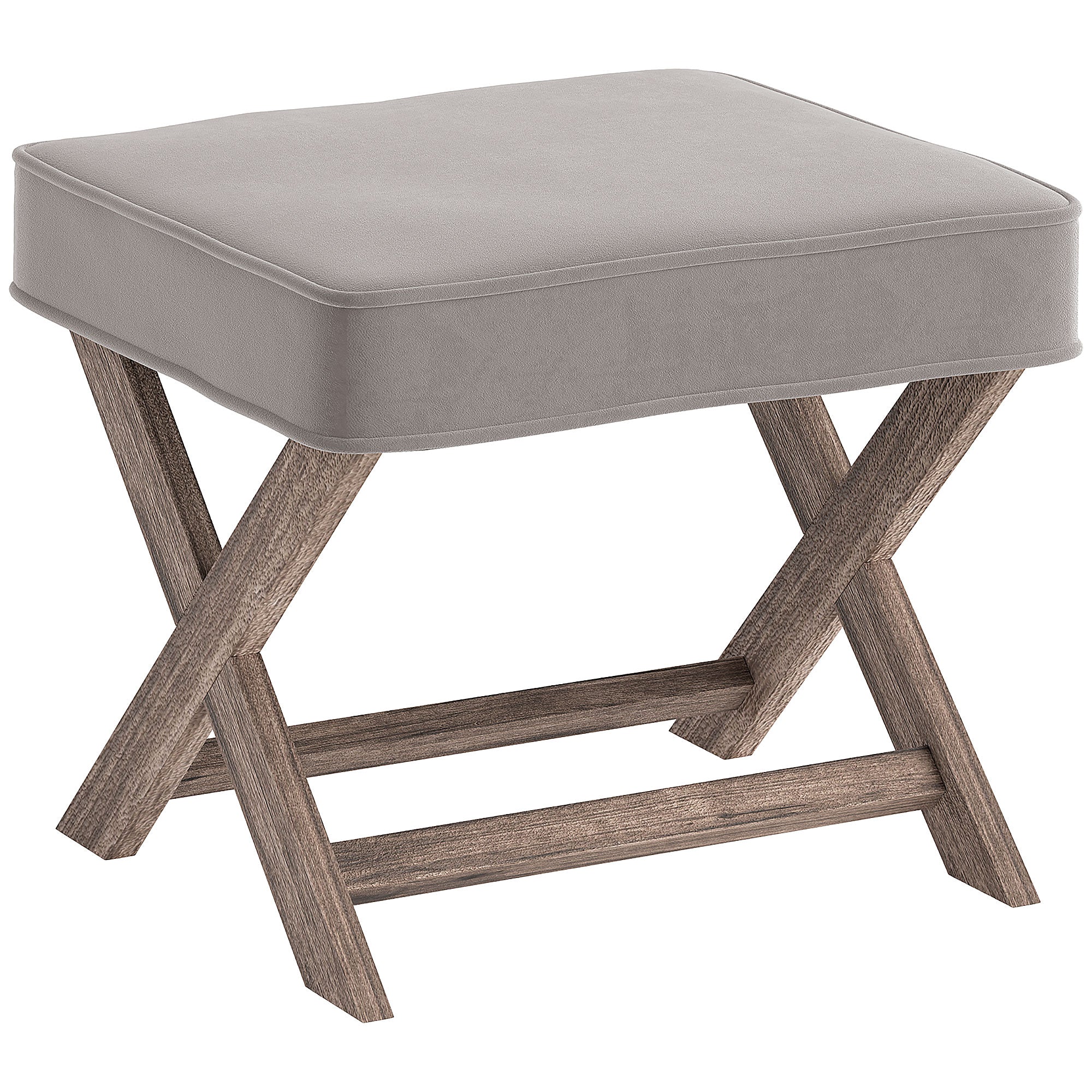 HOMCOM Vintage Footstool Padded Seat X Leg Chair Velvet Cover Shabby Chic Footrest Solid Rubber Wood Frame 49.5 x 45 x 41 cm Grey 