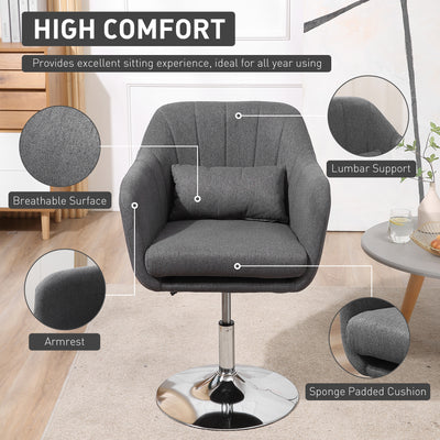HOMCOM Swivel Linen Fabric Accent Chair for Living Room Contemporary Vanity Armchair with Adjustable Height Thick Cushion Lumbar Support Armrest for Bedroom Office Dark Grey 