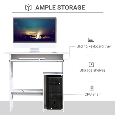 HOMCOM Compact Small Computer Table Wooden Desk Keyboard Tray Storage Shelf Modern Corner Table Home Office White 